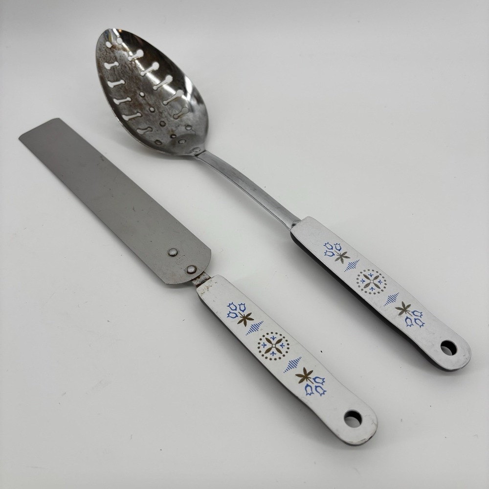 Vintage Ecko Blue Flower Dutch Tulip Stainless‎ Cooking Slotted And Cake Knife